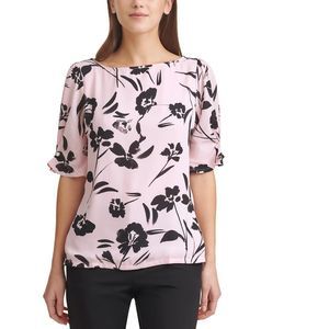 DKNY Women's Corset Blouse Pink Black Large L Knit Floral Amina Linen